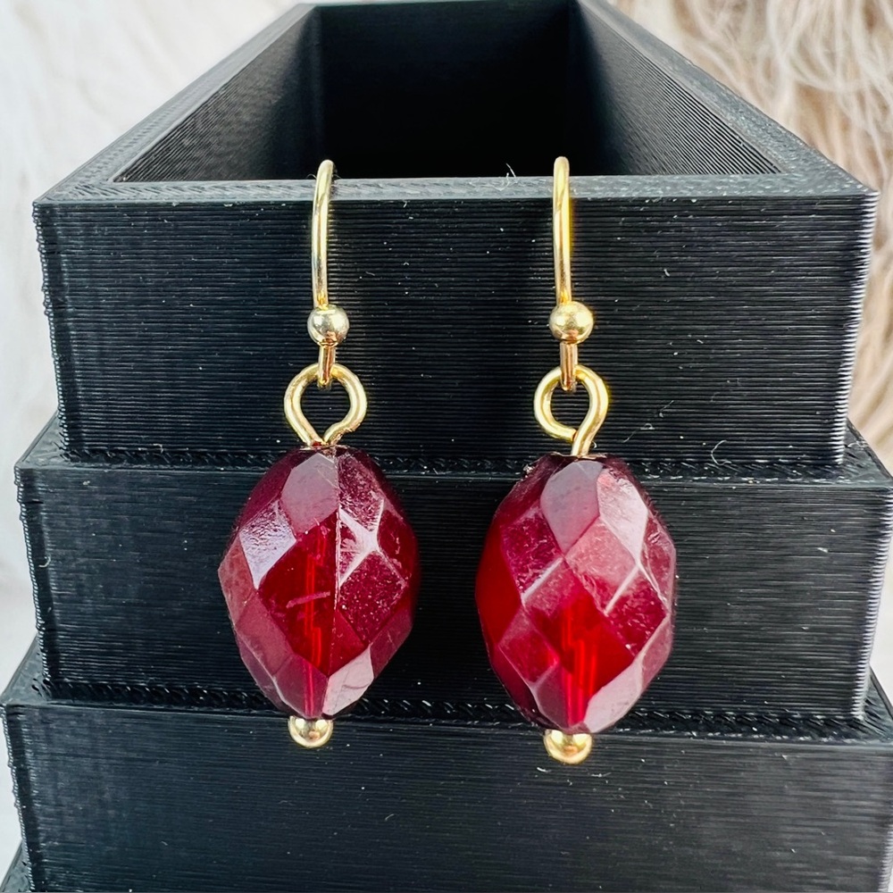 Pretty Ruby Red Costume Dangle Pierced Earrings - image 3